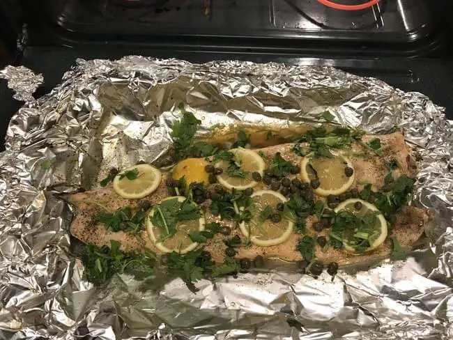 baked cilantro lemon salmon in foil with cappers 