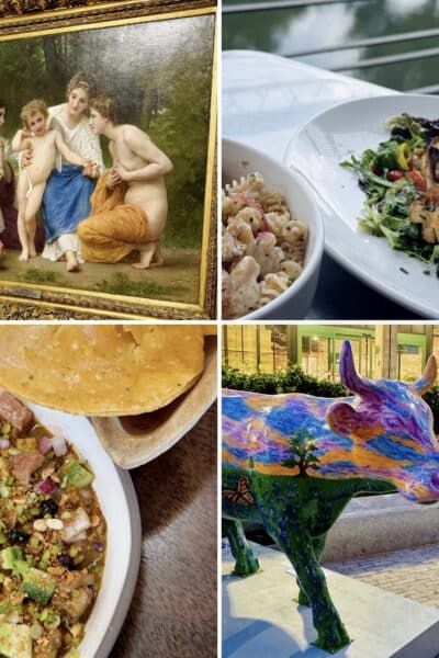 Collage de visita cultural y gastronómica en San Antonio: influencer Brenda Cinsneros en el San Antonio Museum of Art, plato de pollo en Tre Trattoria, ceviche negro de Mezquite, y foto en el Pullman Market junto a una vaca del Cow Parade.